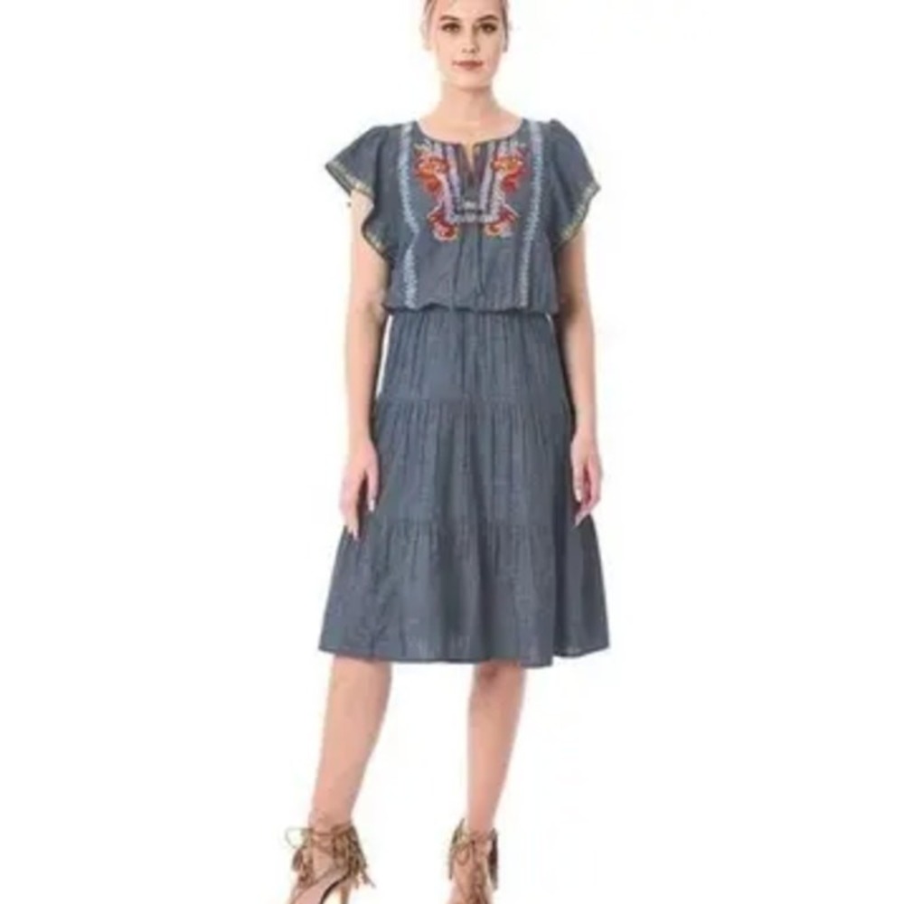 eShakti Dress Women Size 0 Blue Embroidered Midi Smocked Waist Boho Folk